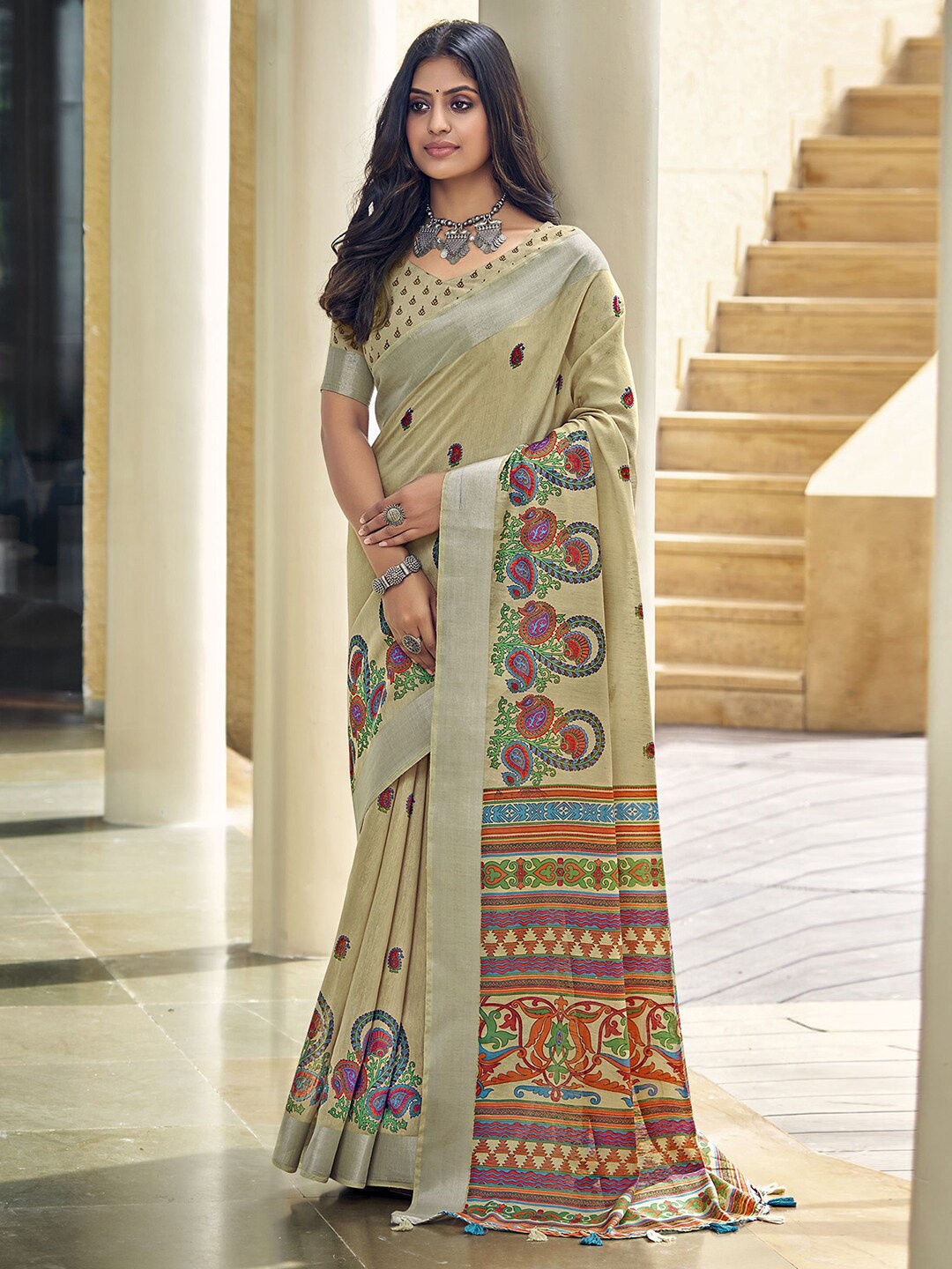 

Mitera Paisley Zari Dabu Saree, Khaki