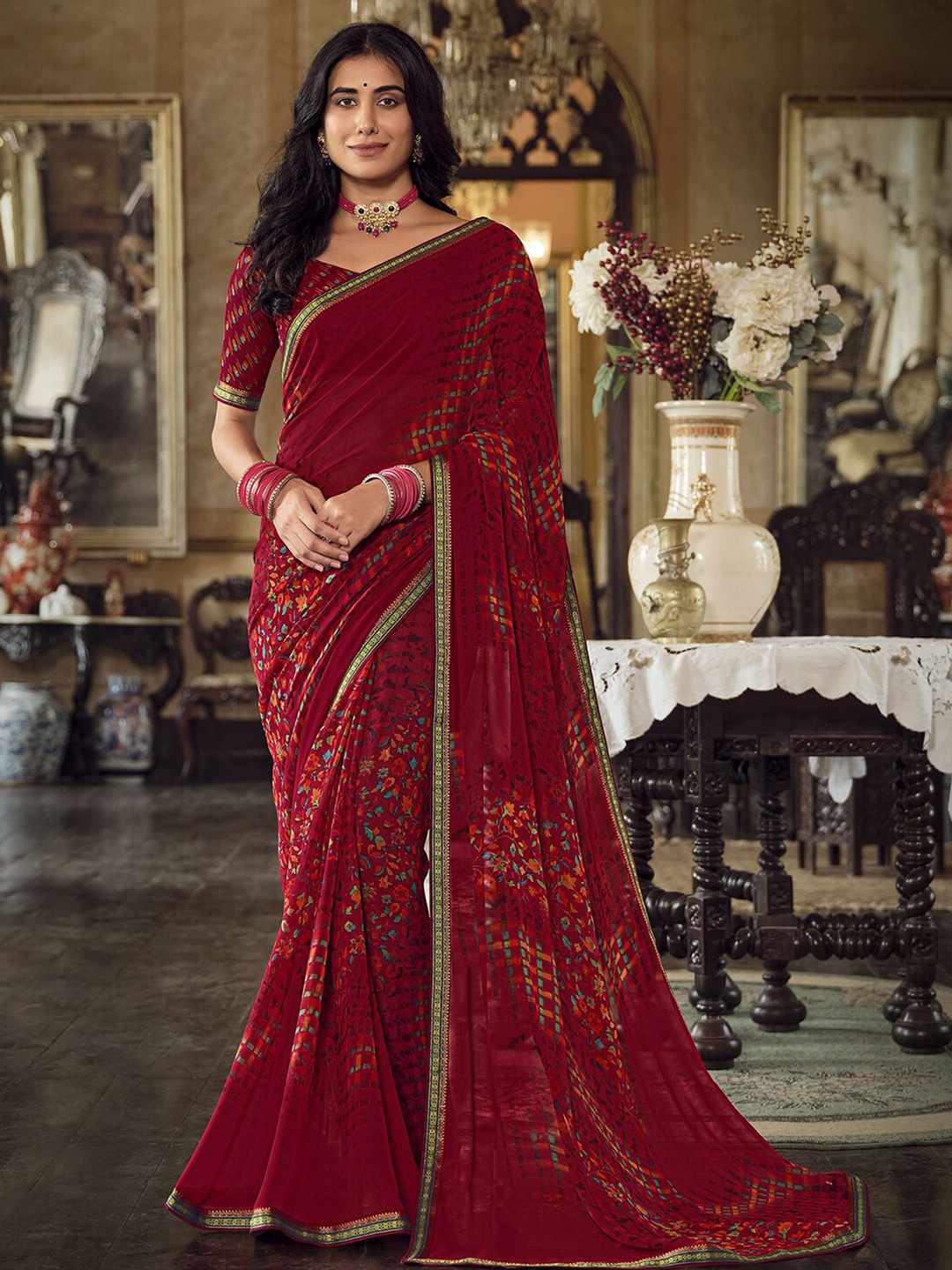 

Mitera Floral Printed Chettinad Saree, Red