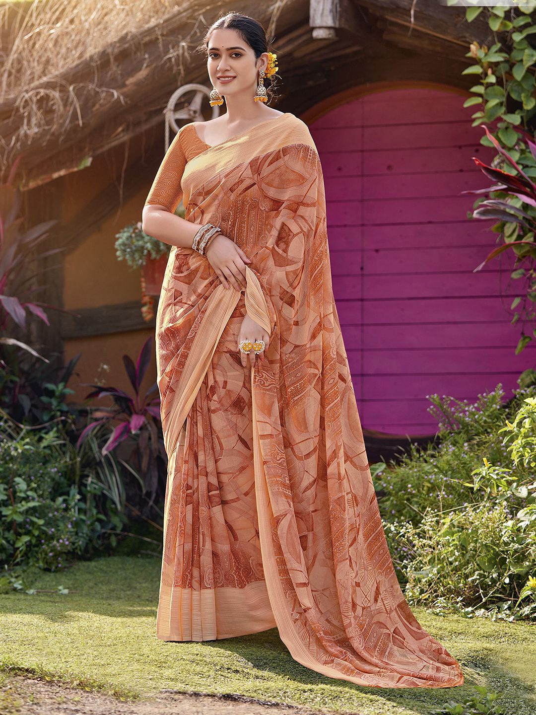 

Mitera Peach Abstract Printed Zari Sungudi Saree