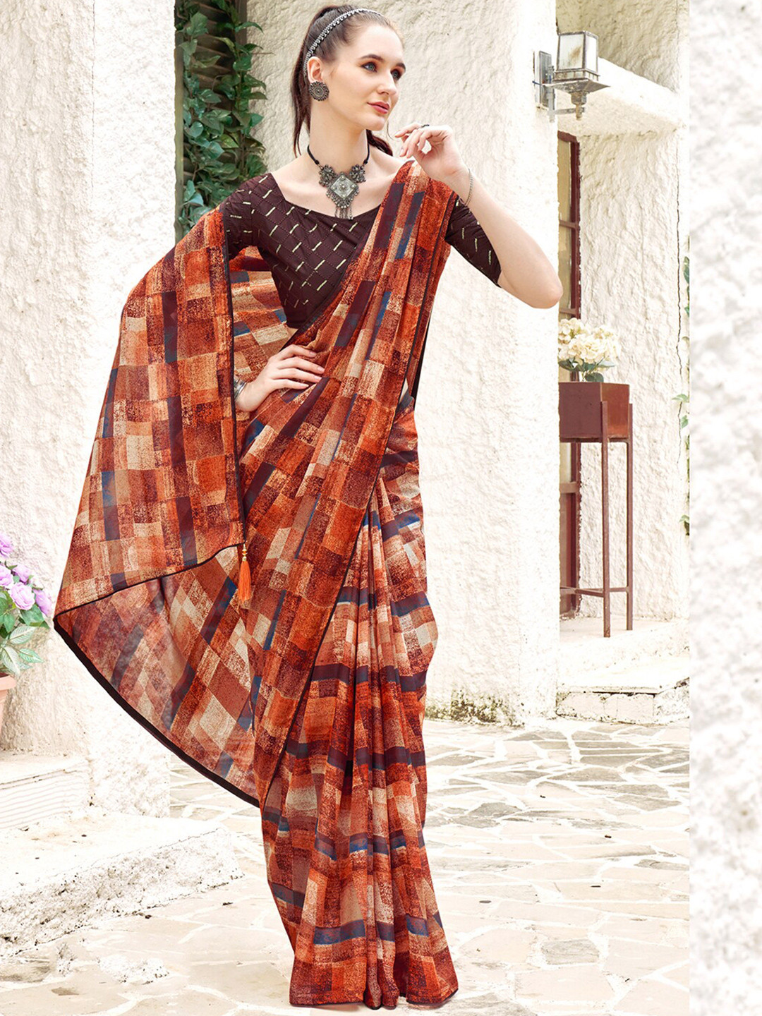

Mitera Printed Georgette Sungudi Saree, Rust