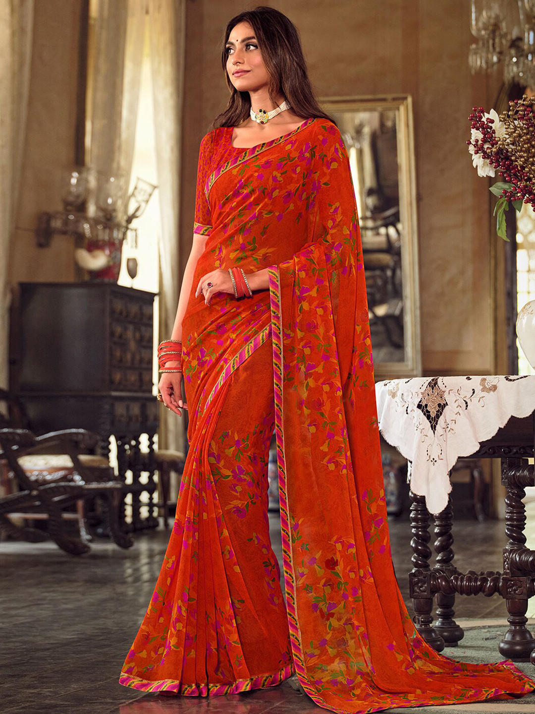 

Mitera Floral Printed Georgette Saree, Orange