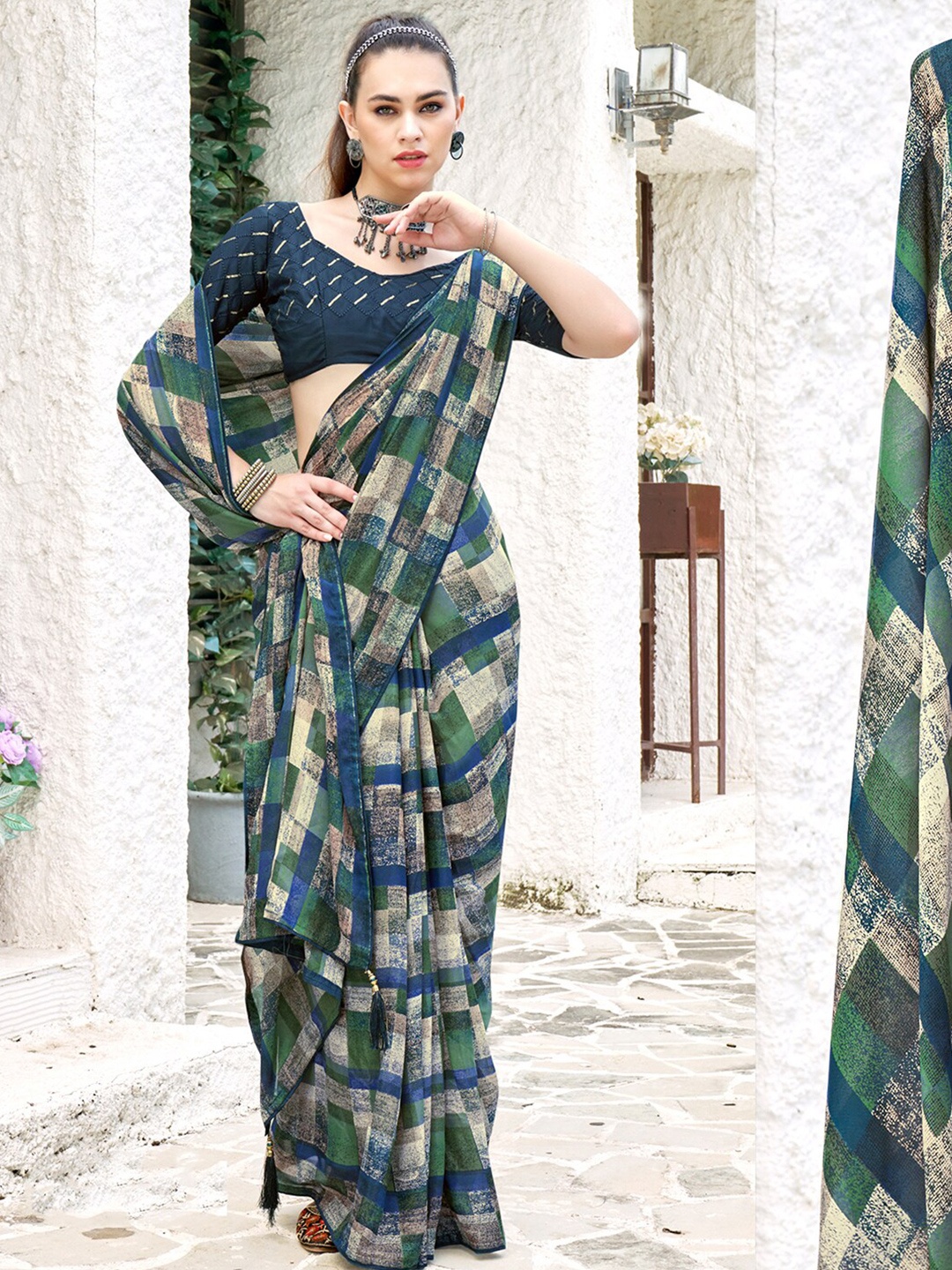 

Mitera Printed Georgette Sungudi Saree, Teal