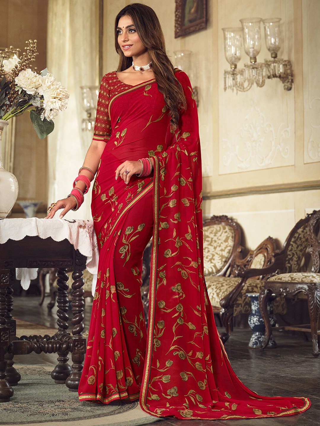 

Mitera Floral Printed Georgette Chettinad Saree, Red