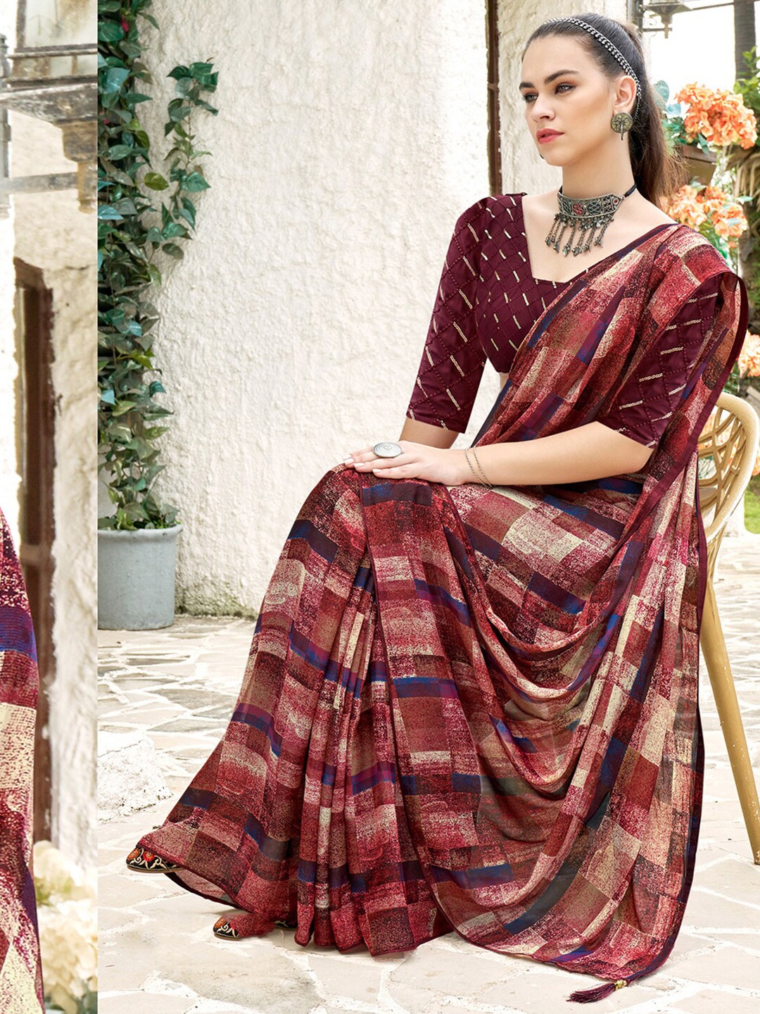

Mitera Maroon Geometric Printed Saree
