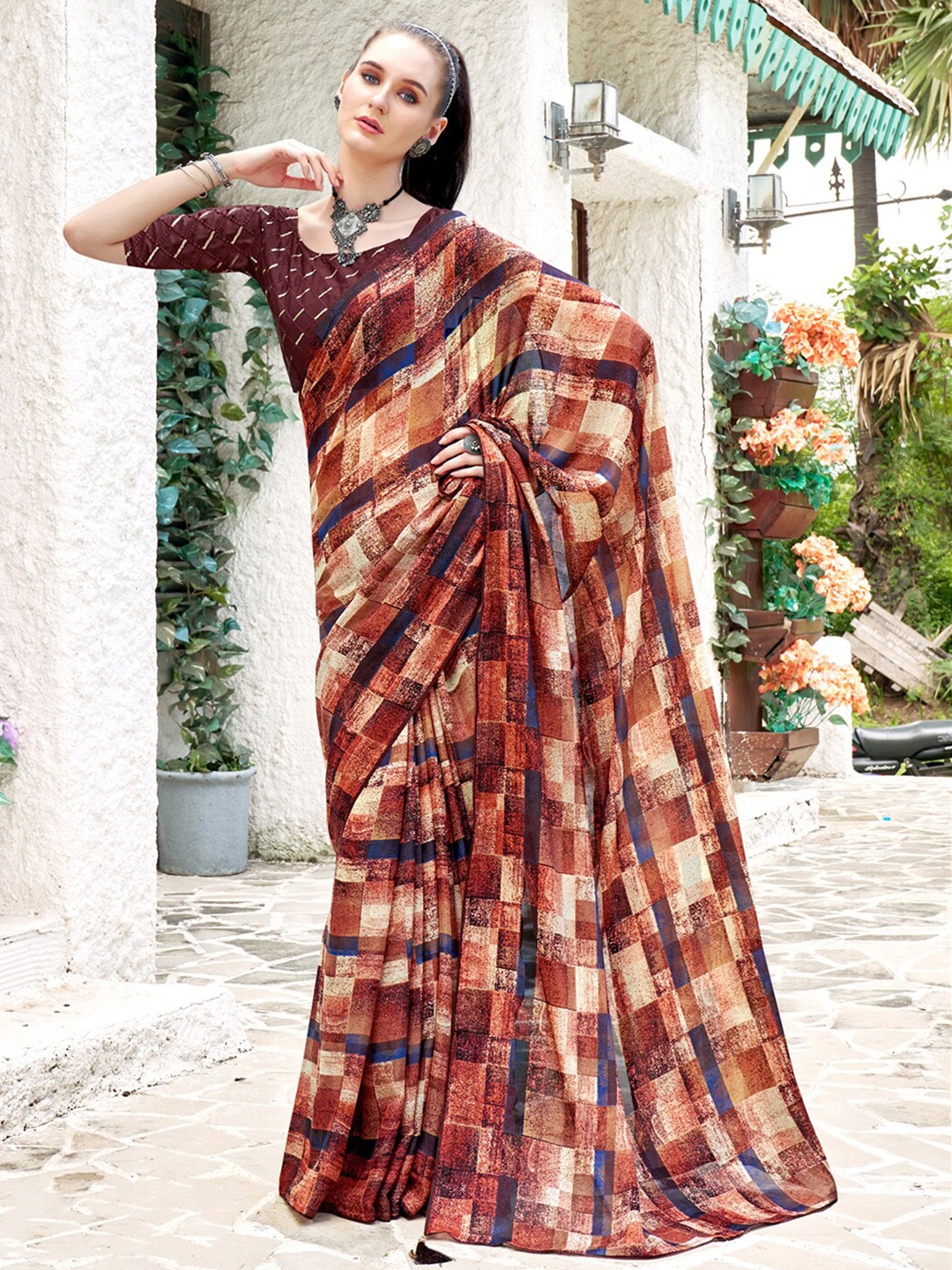 

Mitera Rust Geometric Printed Sungudi Saree