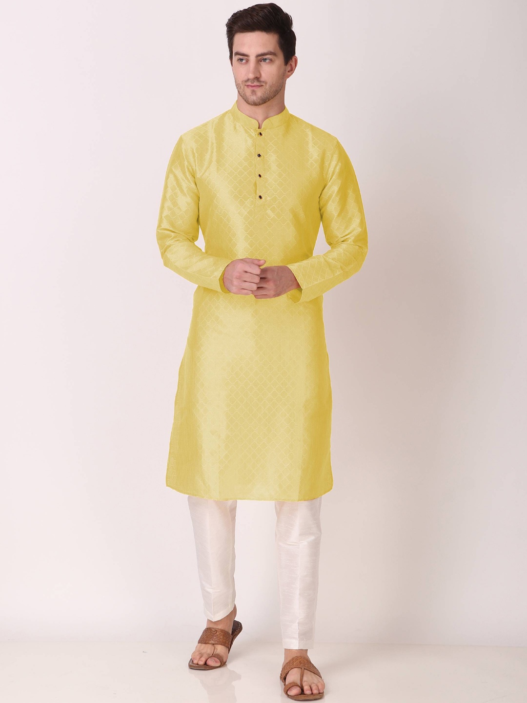 Koshin Mandarin Collar Regular Kurta with Pyjamas, Lime green