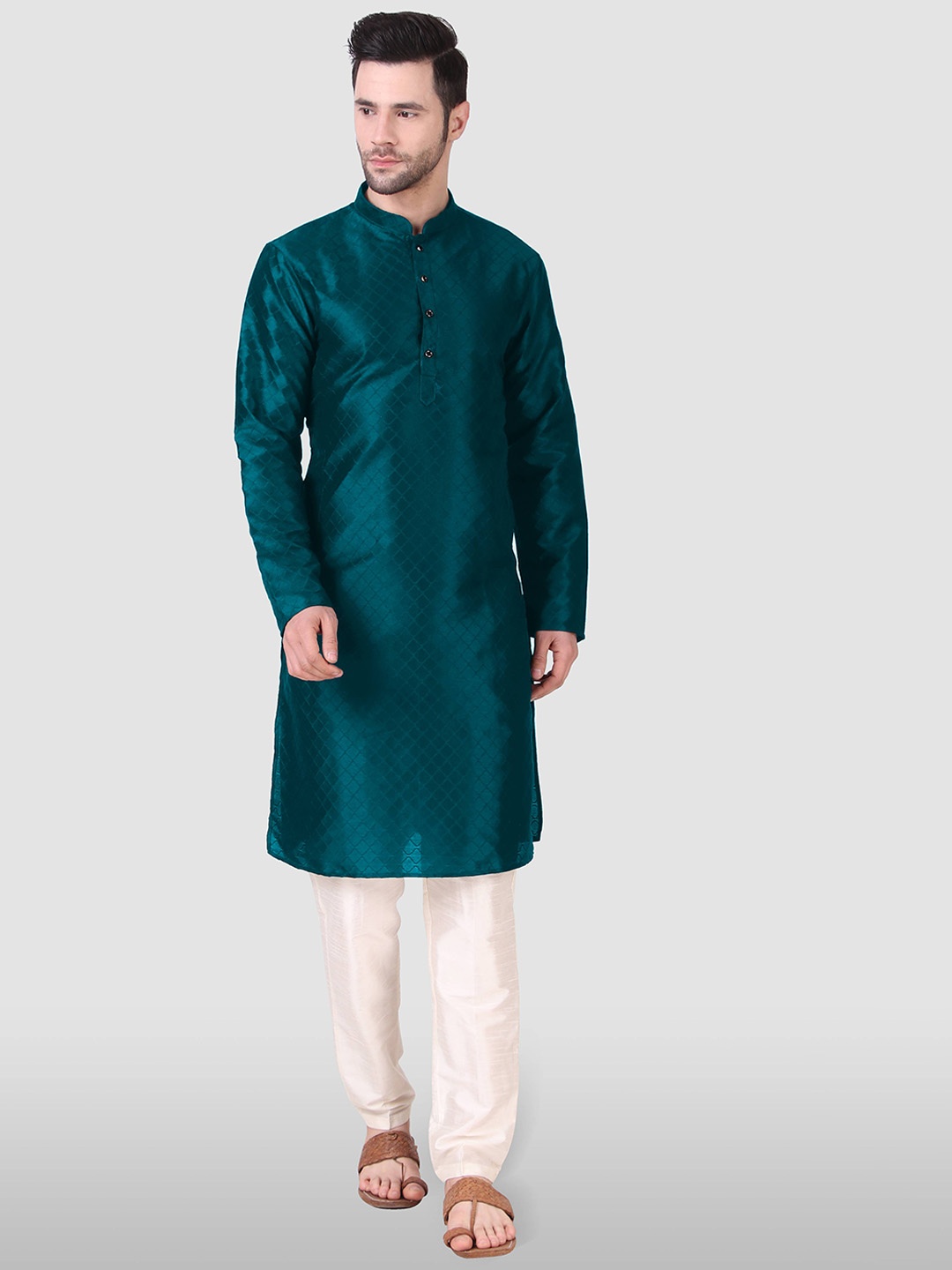 

Koshin Mandarin Collar Regular Kurta with Pyjamas, Teal
