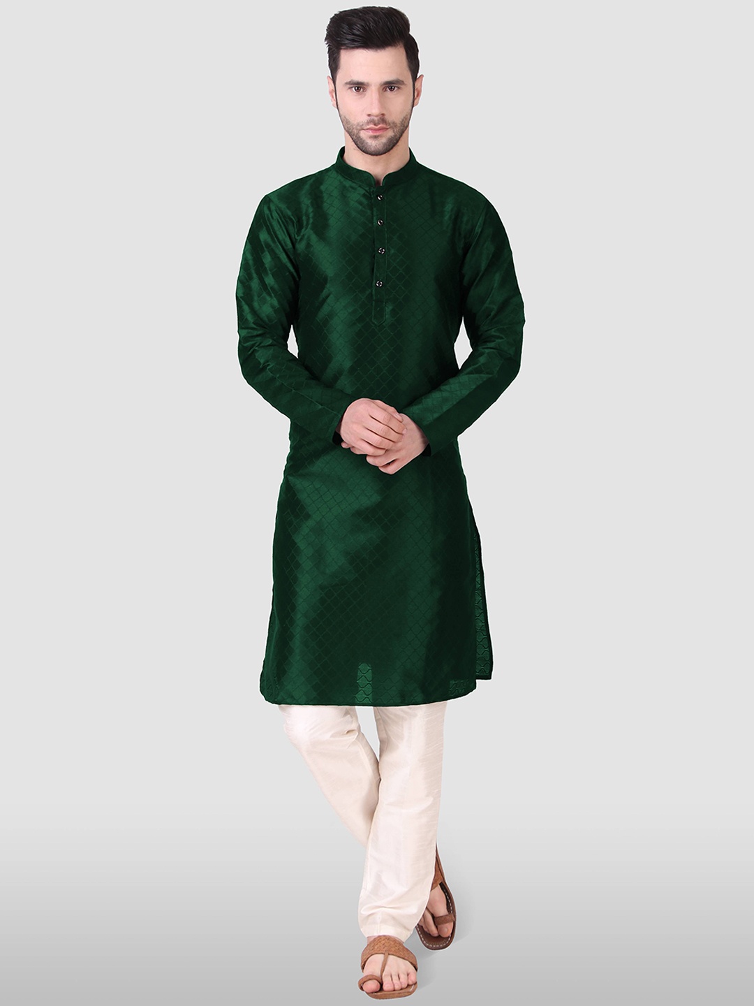 

Koshin Mandarin Collar Regular Kurta with Pyjamas, Green