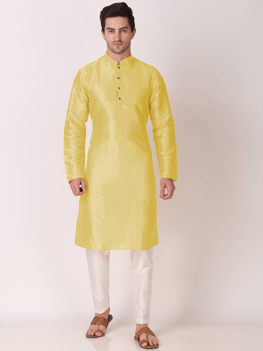 

Koshin Geometric Woven Design Mandarin Collar Art Silk Straight Kurta, Lime green