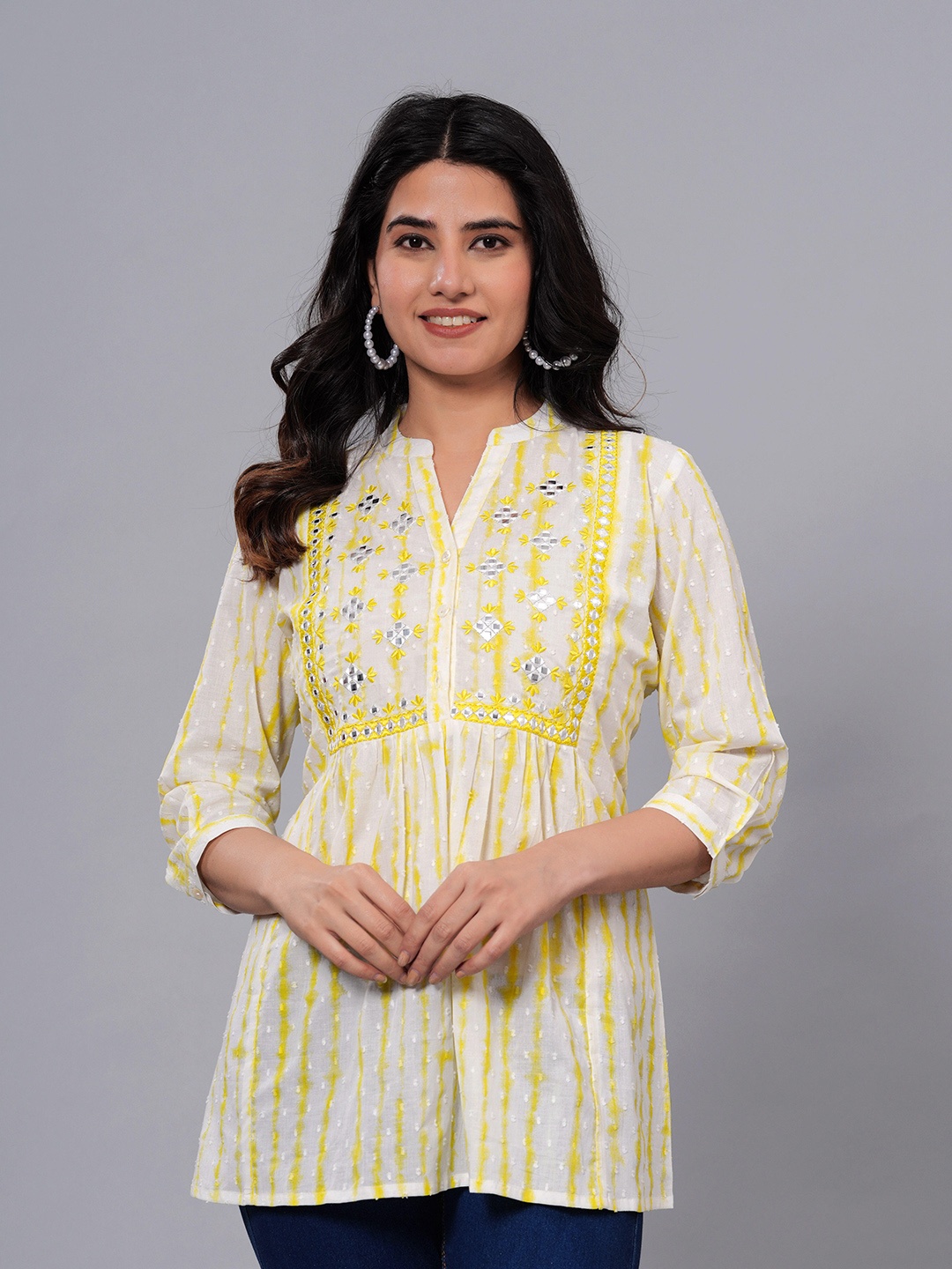 

BAESD Printed Mandarin Collar Three-Quarter Sleeves Cotton Empire Top, White