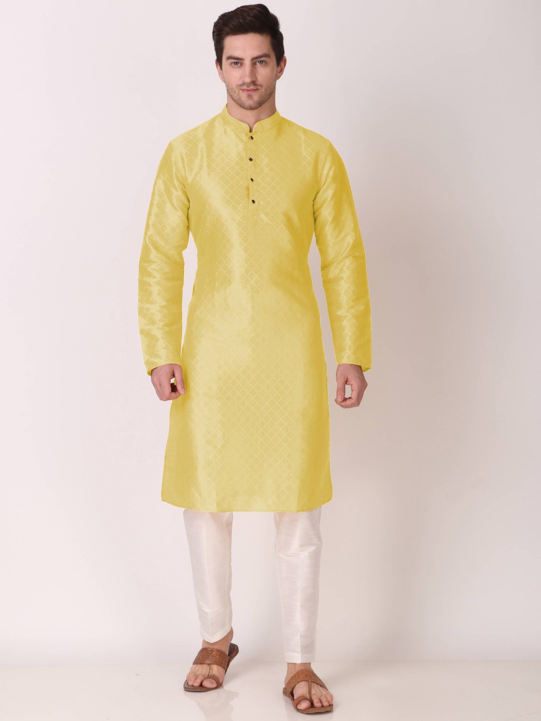 

Cult Indie Geometric Woven Design Thread Work Art Silk Straight Kurta, Yellow