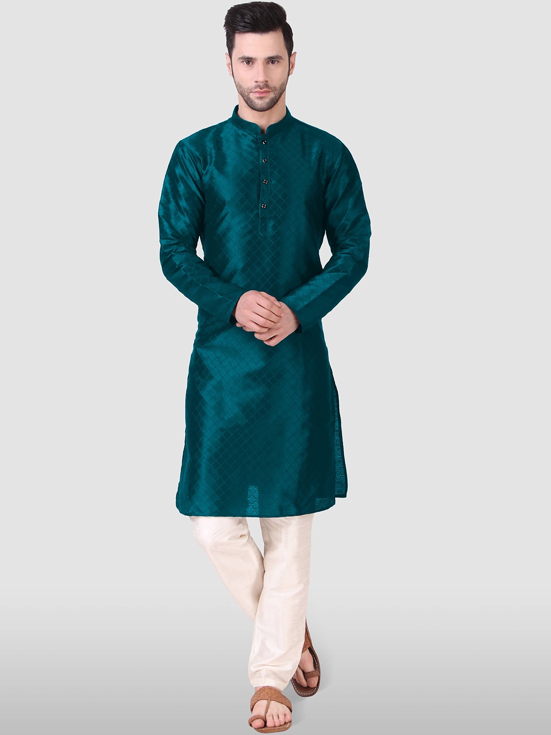 Cult Indie Checked Mandarin Collar Straight Kurta with Trouser, Teal
