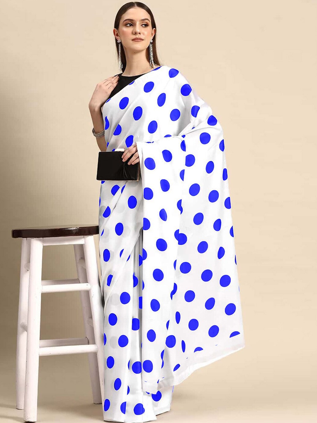 

VEECHIS Polka Dot Printed Satin Saree, Blue