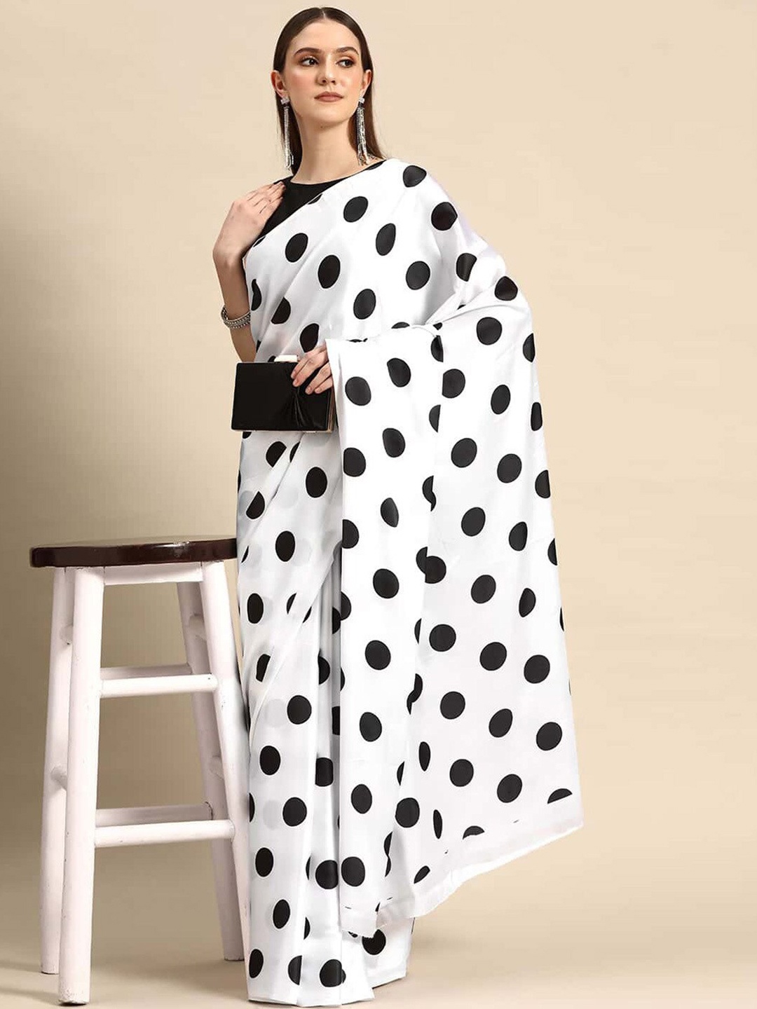 

VEECHIS Polka Dot Printed Satin Saree, Black