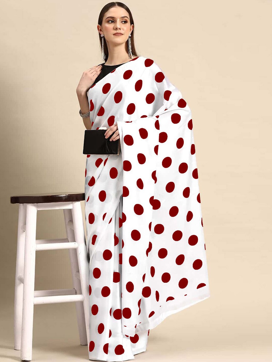 

VEECHIS Polka Dot Printed Satin Saree, Maroon