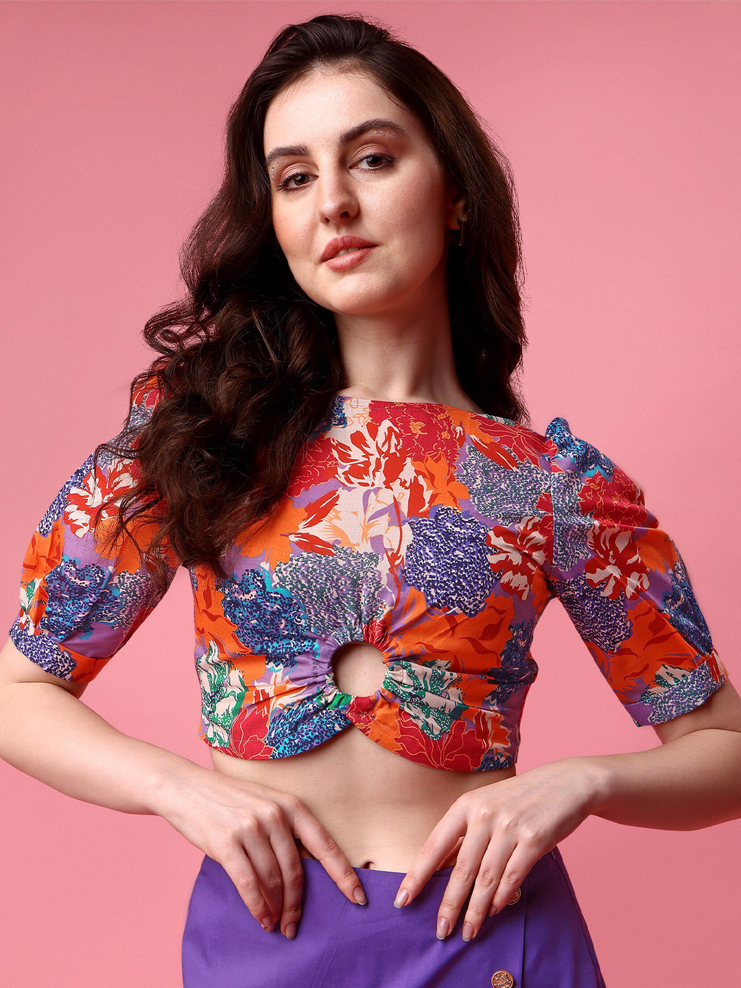 

GARDEN PARTY Abstract Printed Round Neck Short Sleeves Cotton Crop Top, Orange