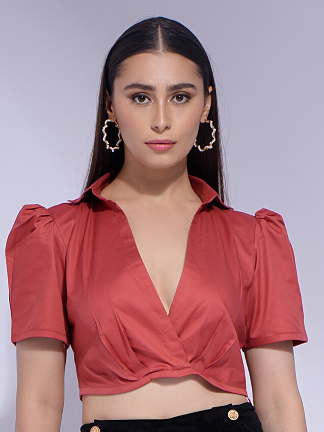 

GARDEN PARTY Shirt Collar Puff Sleeve Cotton Wrap Crop Top, Orange