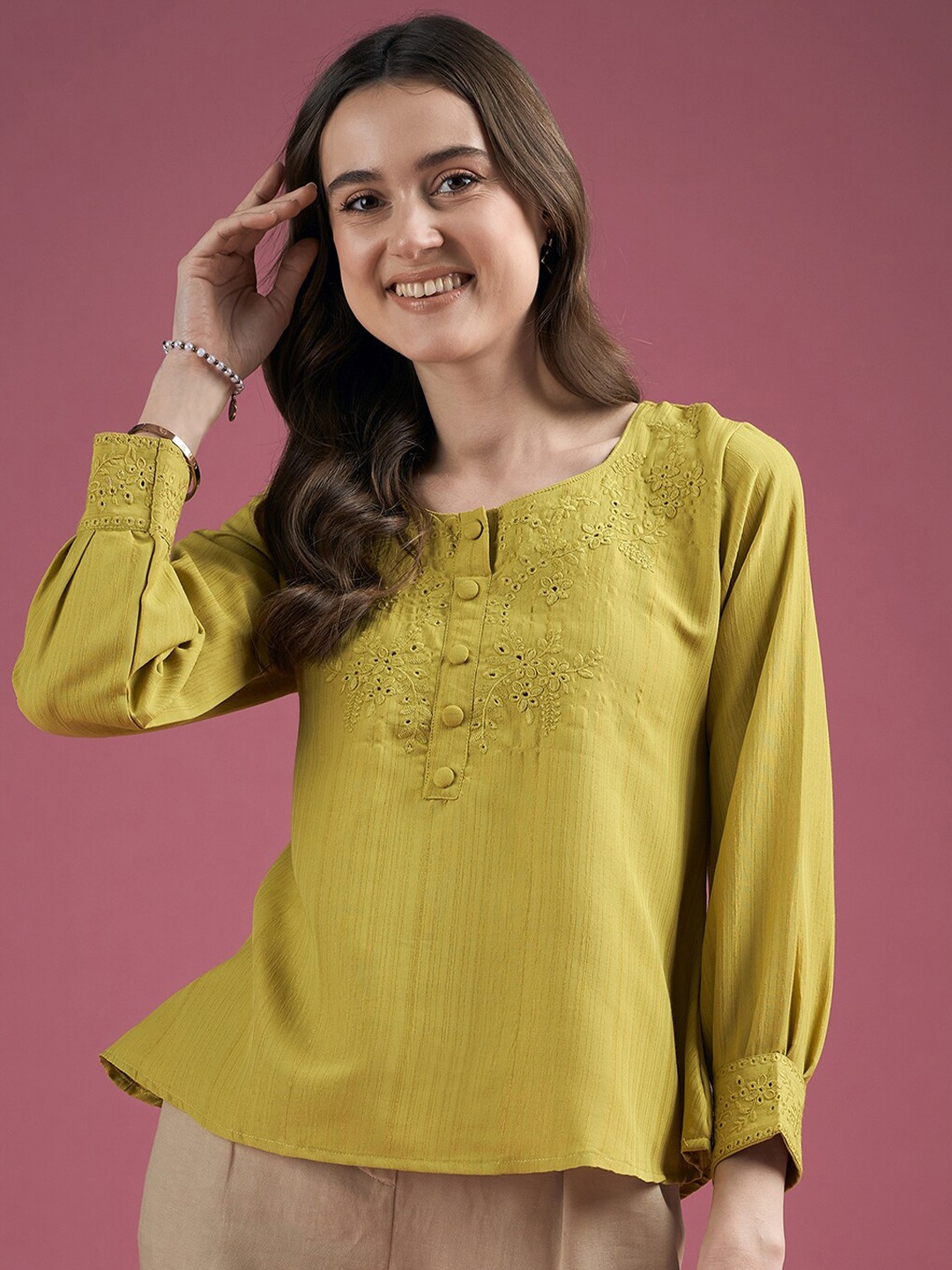 

DressBerry Lime Green Floral Embroidered Round Neck Cuffed Sleeves A-Line Top