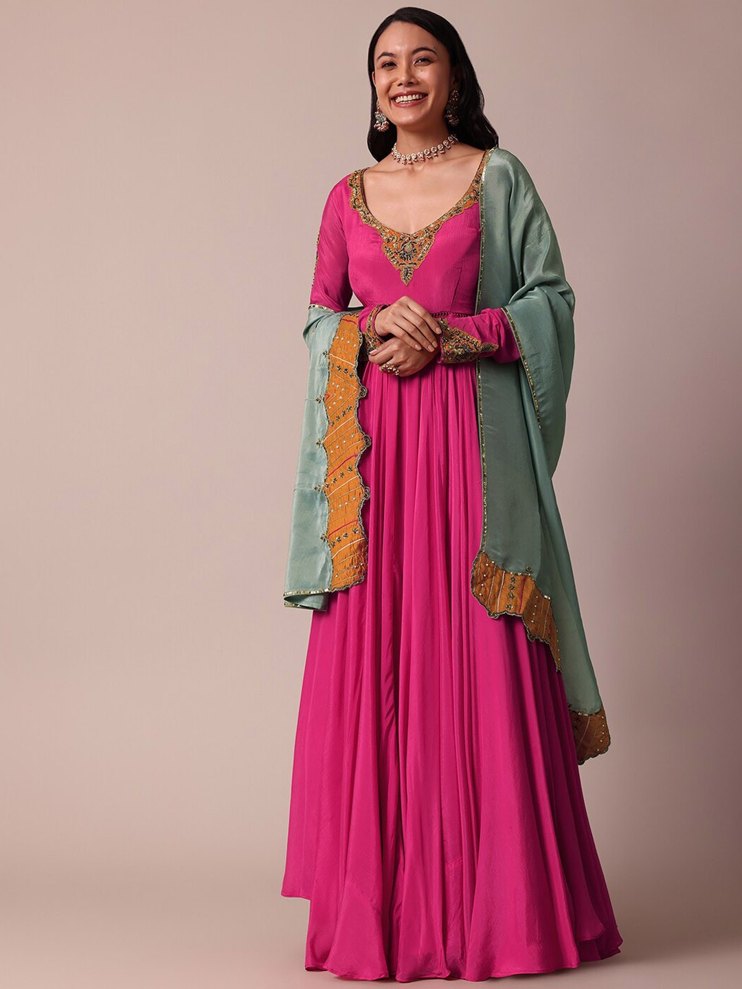 

KALKI Fashion Embroidered Scoop Neck Chiffon Ethnic Dress With Dupatta, Pink