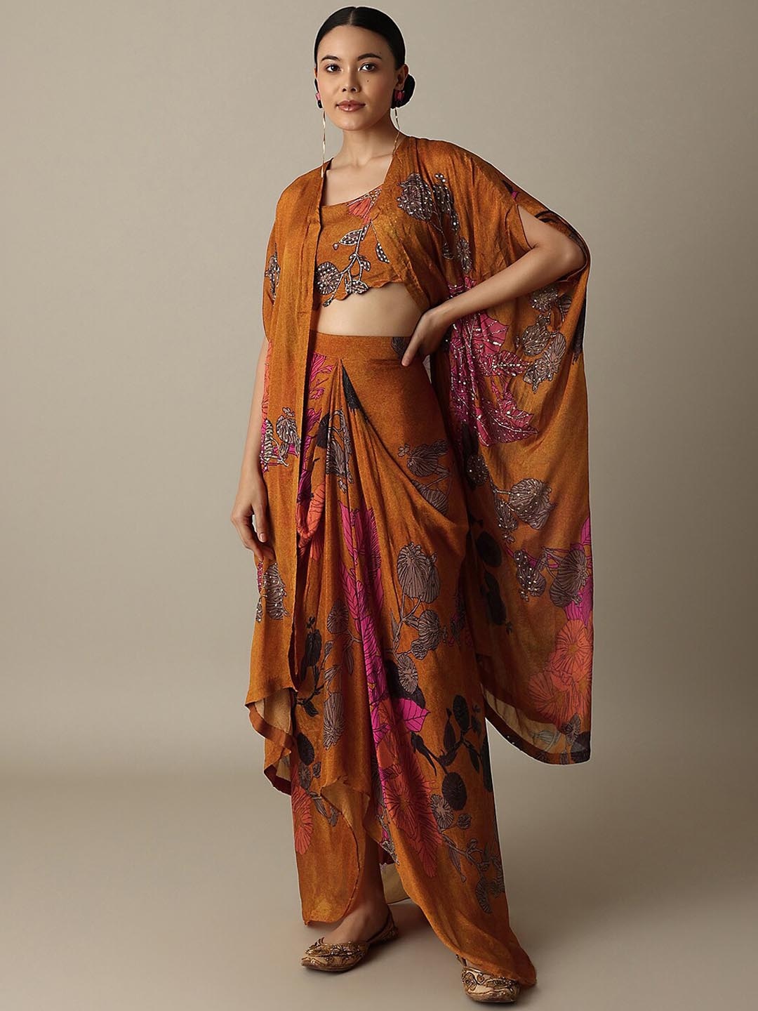 

KALKI Fashion Floral Printed Sequined Scoop Neck Silk Top & Dhoti Pants With Jacket, Orange