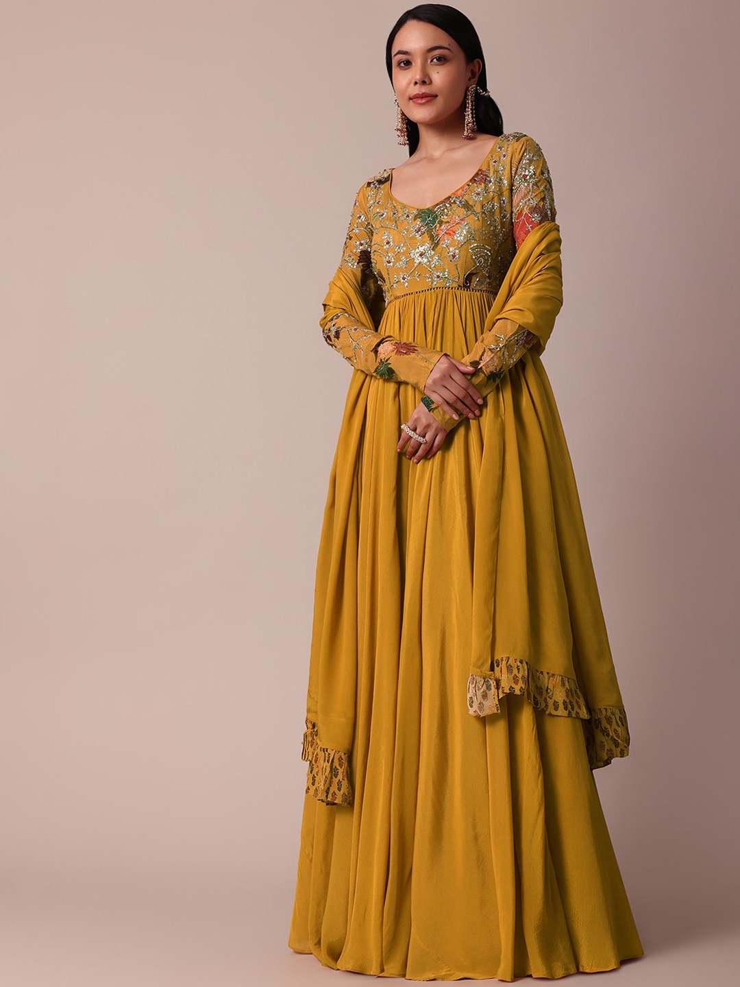 

KALKI Fashion Embellished Long Sleeves Maxi Ethnic Dress With Dupatta, Yellow