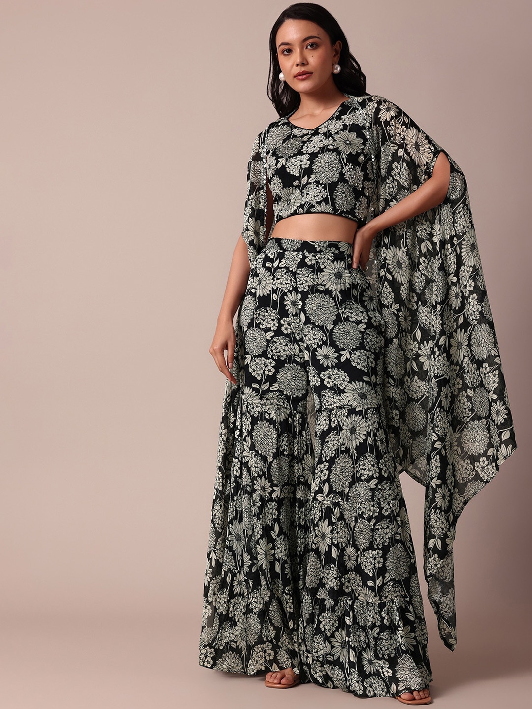 

KALKI Fashion Printed Crop Top & Sharara With Jacket, Black