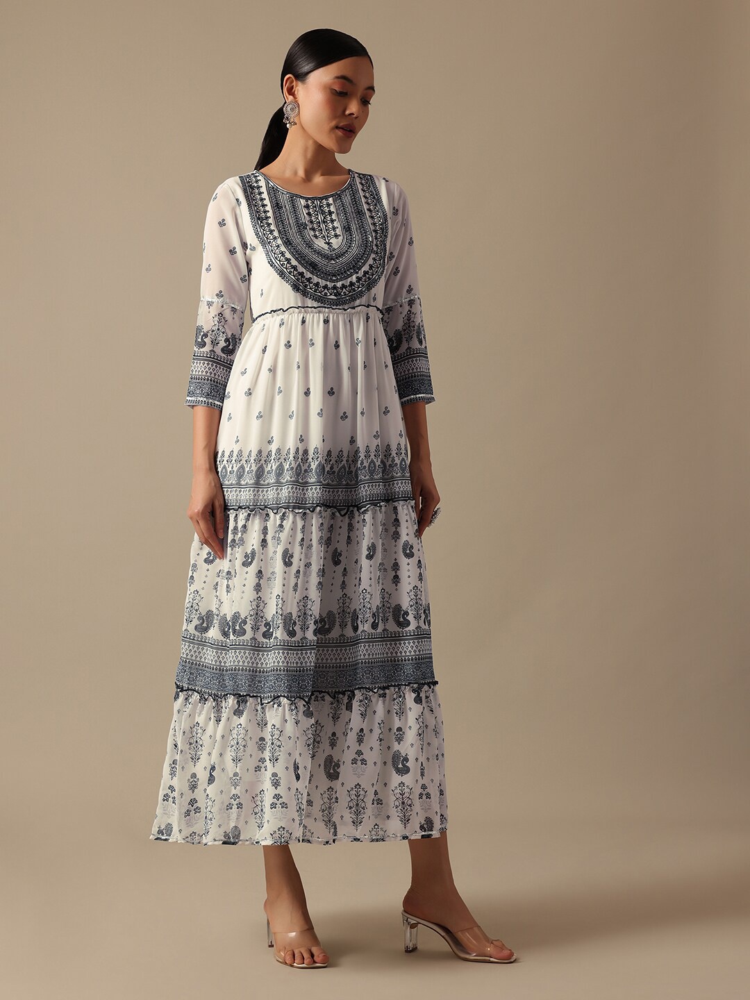 

KALKI Fashion Floral Printed Round Neck Fit & Flared Ethnic Dress, White