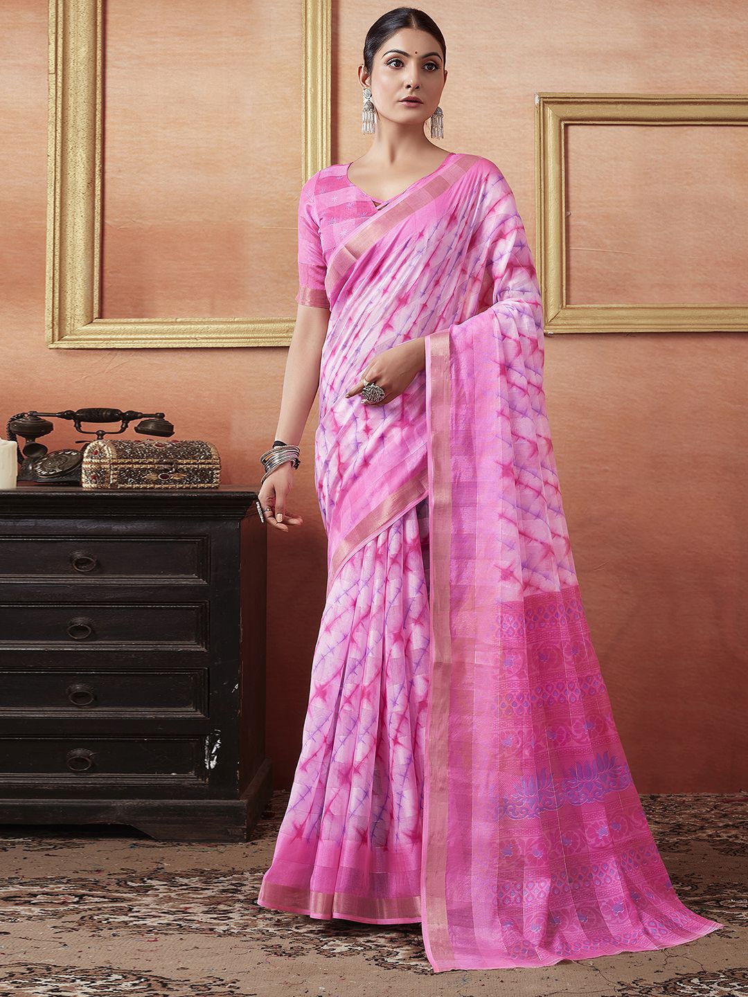 

KALINI Striped Zari Saree, Peach