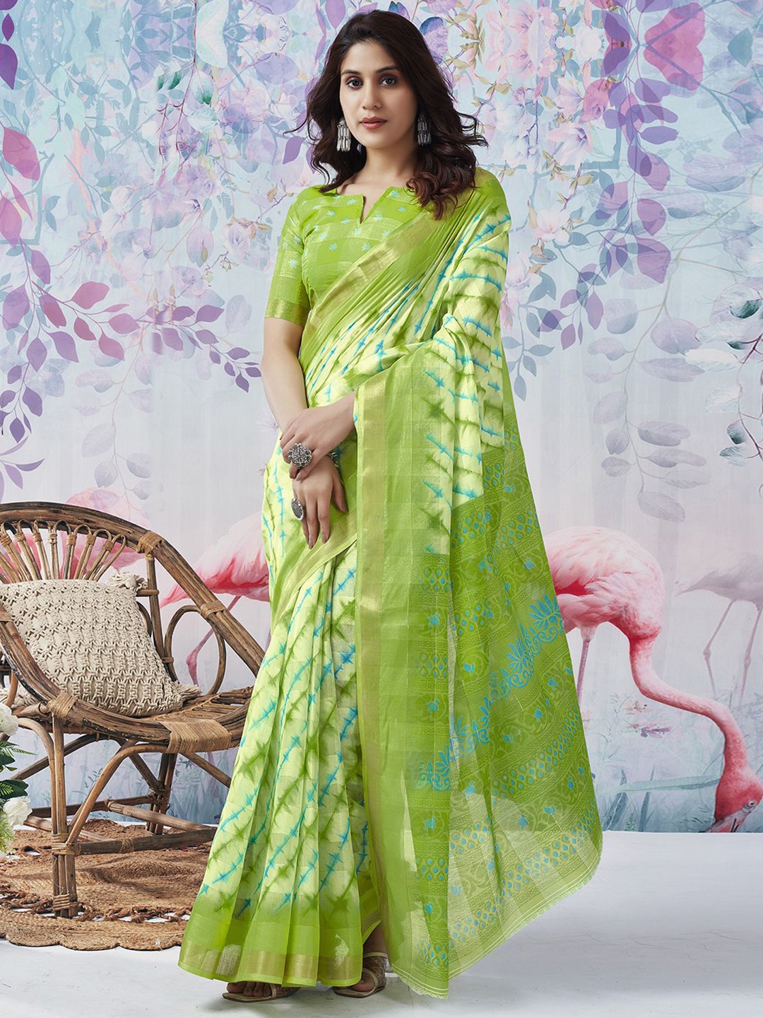 

KALINI Striped Zari Leheriya Saree, Green