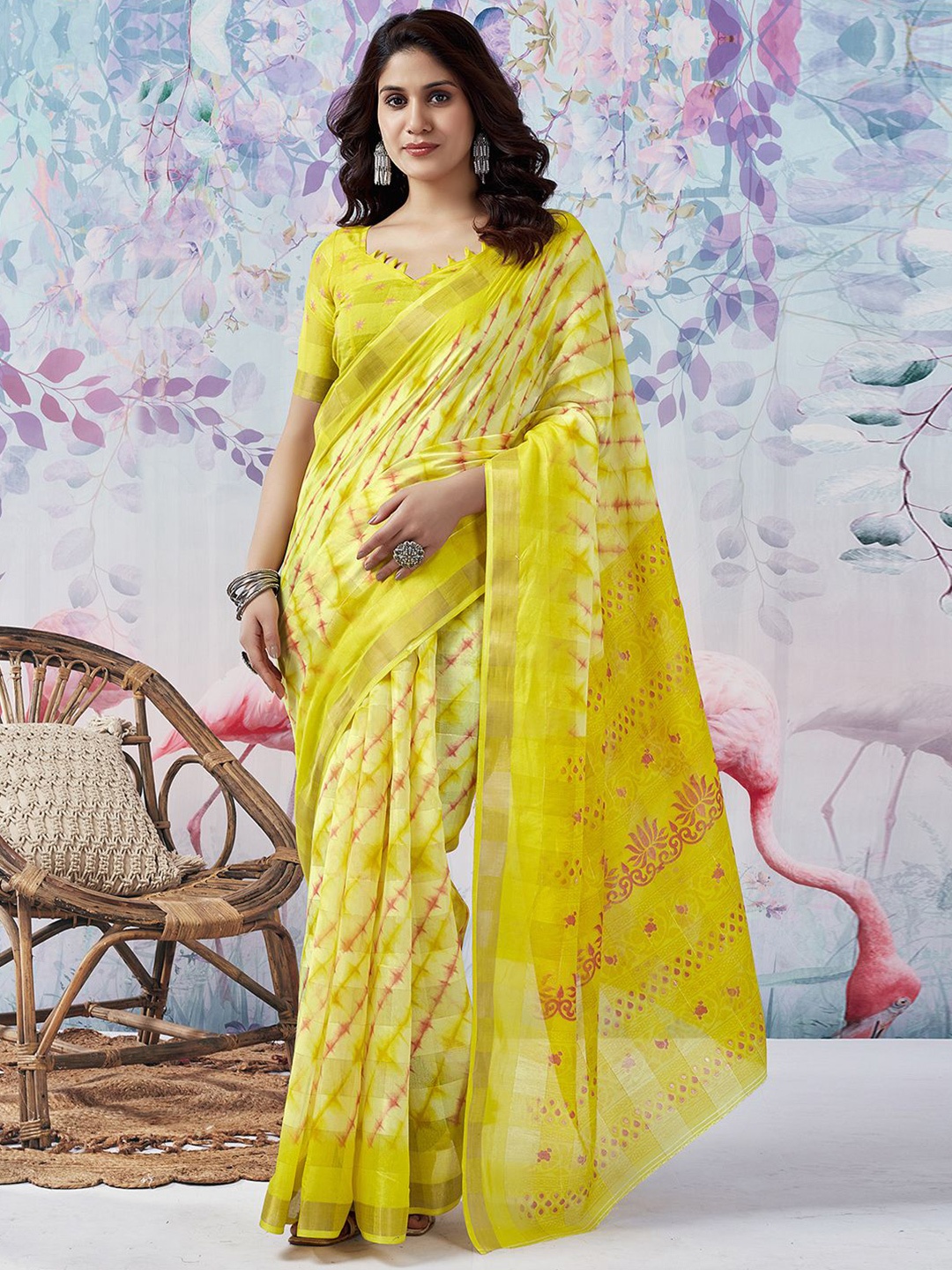 

KALINI Tie and Dye Zari Leheriya Saree, Yellow