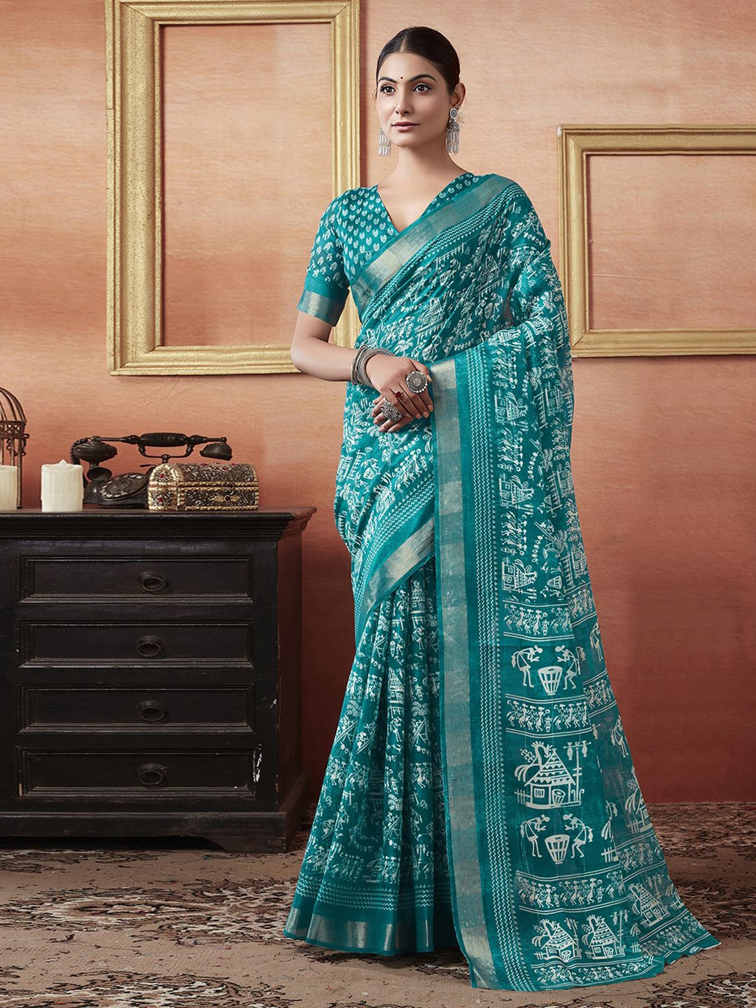 

KALINI Warli Printed Zari Dabu Saree, Teal