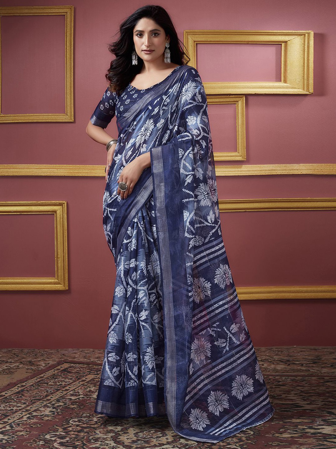 

KALINI Floral Zari Dabu Saree, Navy blue