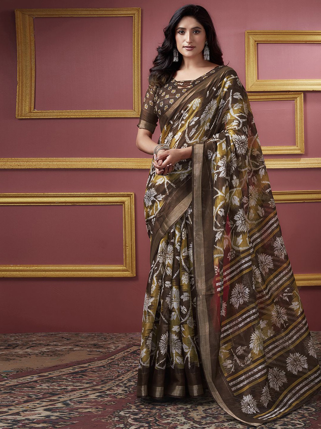 

KALINI Floral Zari Dabu Saree, Brown