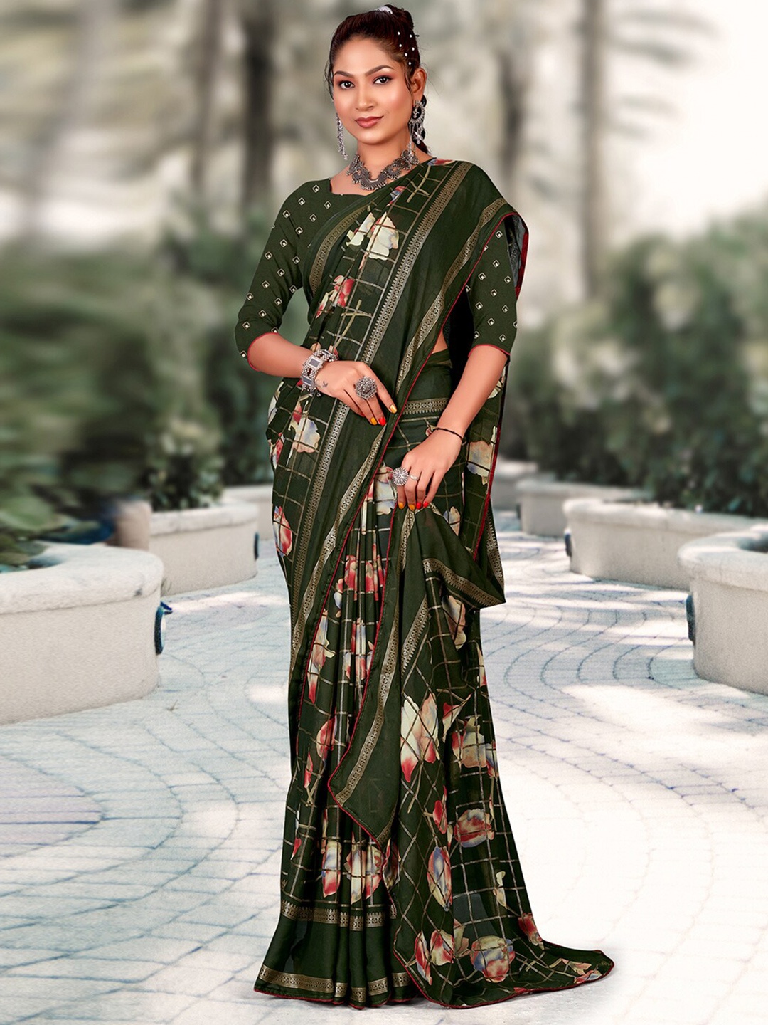 

Mitera Green Ethnic Motifs Printed Pure Georgette Bagh Saree