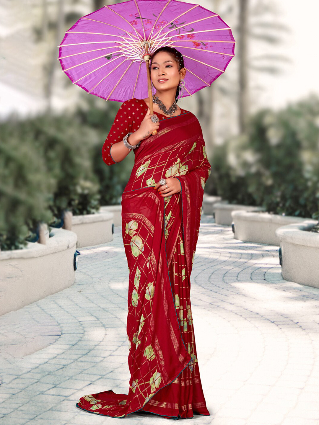 

Mitera Ethnic Motifs Printed Pure Georgette Saree, Red