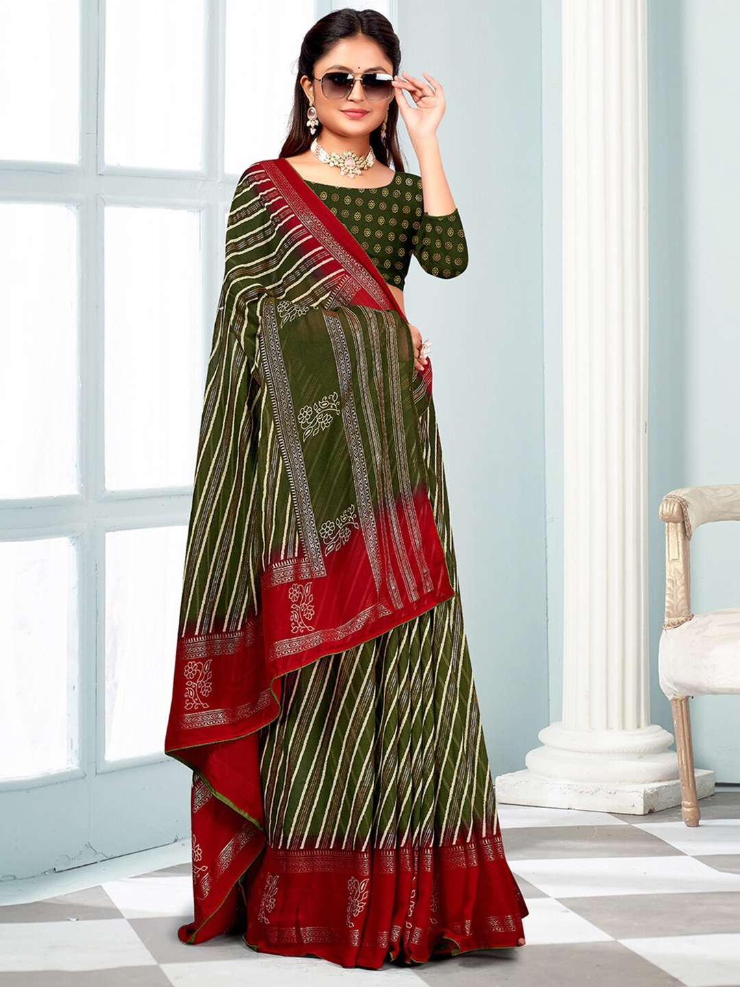 

Mitera Leheriya Pure Georgette Leheriya Saree, Olive