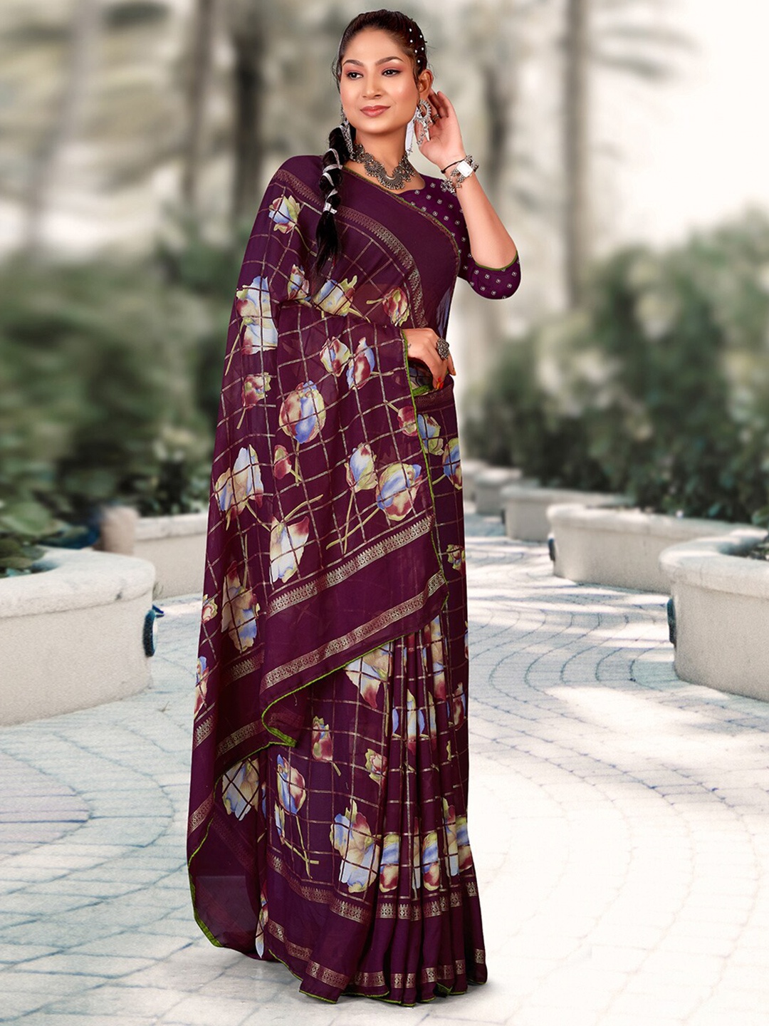 

Mitera Ethnic Motifs Pure Georgette Bagh Saree, Purple