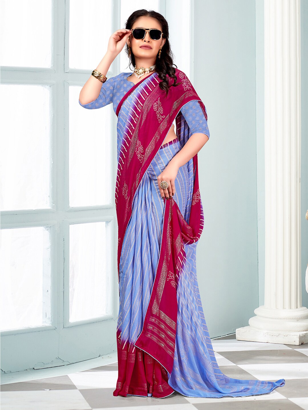 

Mitera Striped Pure Georgette Leheriya Saree, Lavender
