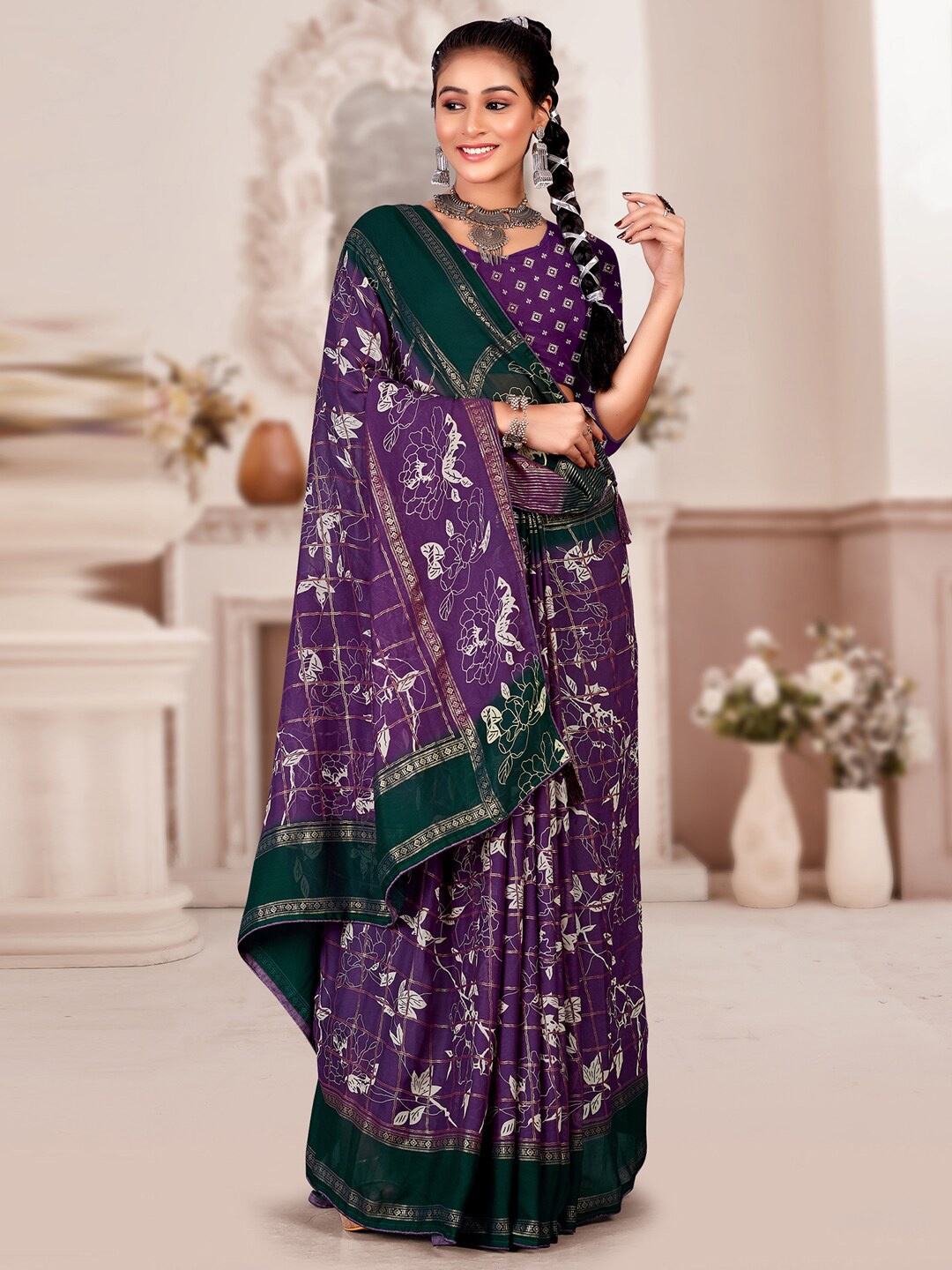 

Mitera Floral Printed Pure Georgette Bagh Saree, Purple