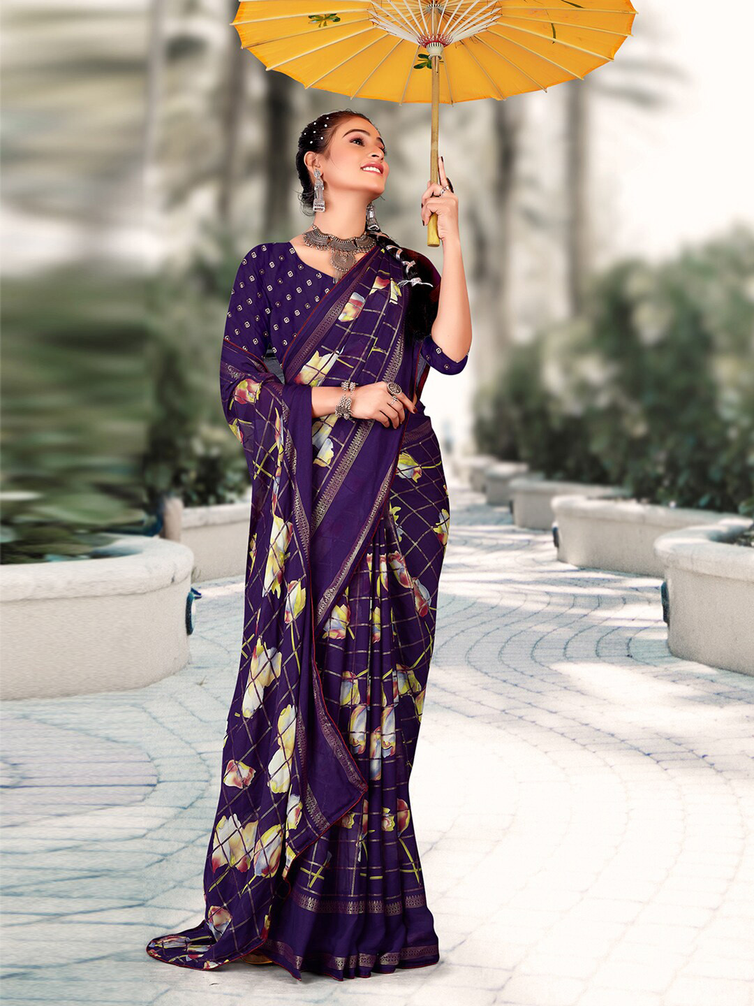 

Mitera Purple Floral Printed Pure Georgette Bagh Saree