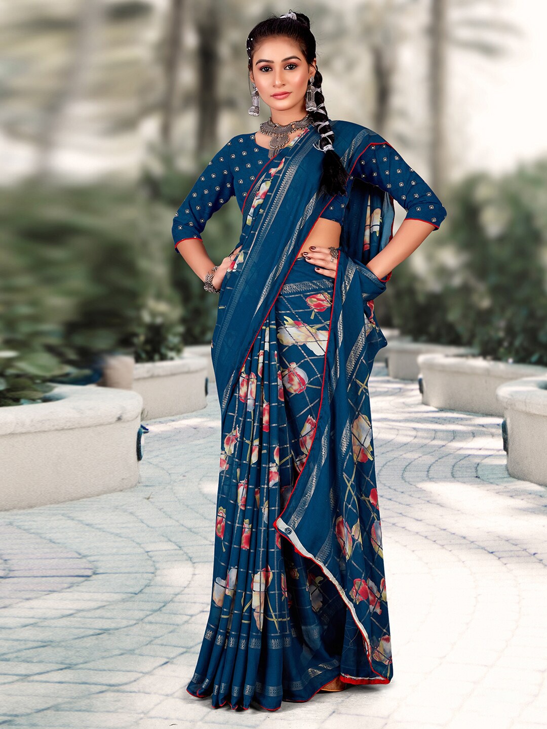 

Mitera Floral Pure Georgette Bagh Saree, Teal
