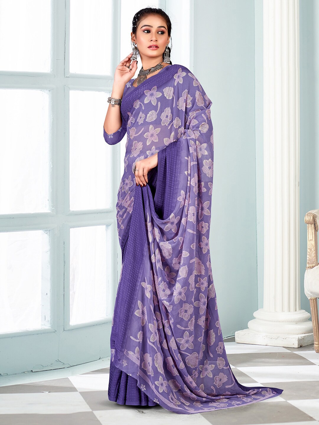 

Mitera Floral Printed Pure Georgette Bagh Saree, Lavender