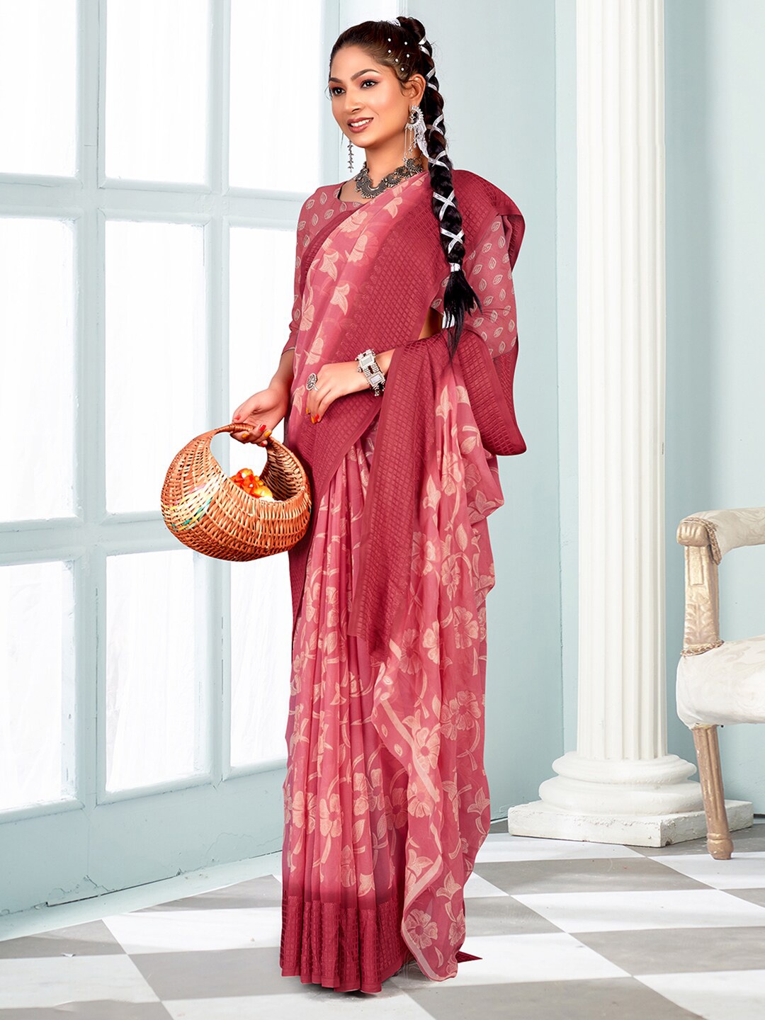 

Mitera Floral Printed Pure Georgette Bagh Saree, Pink