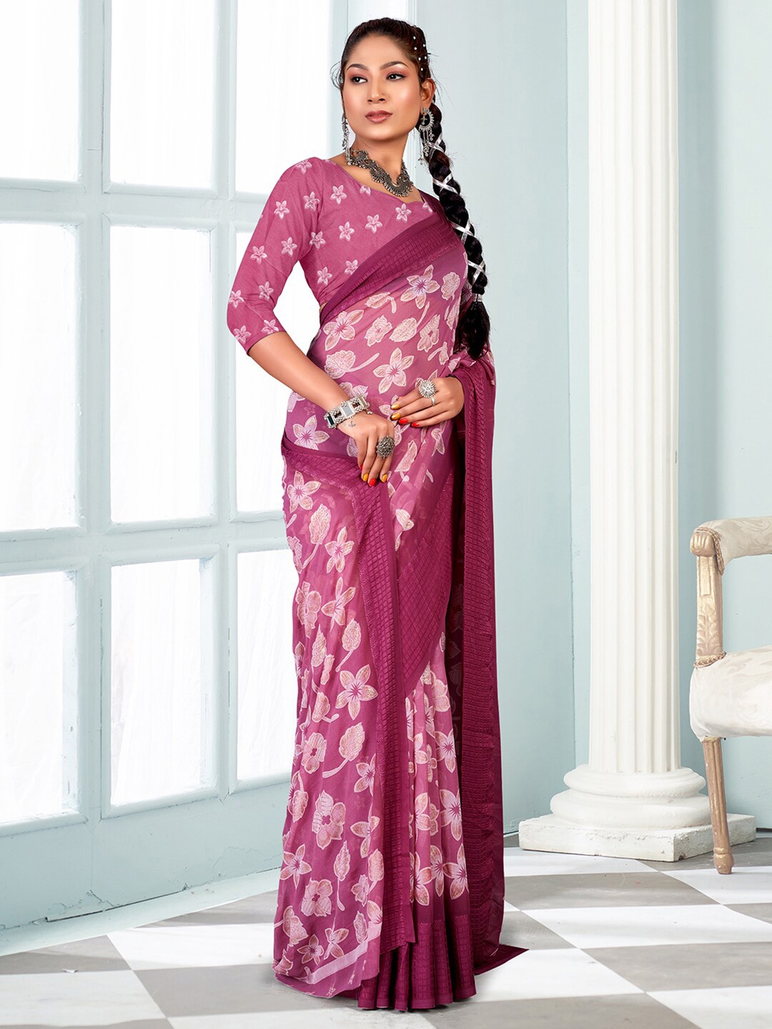 

Mitera Floral Printed Pure Georgette Bagh Saree, Mauve