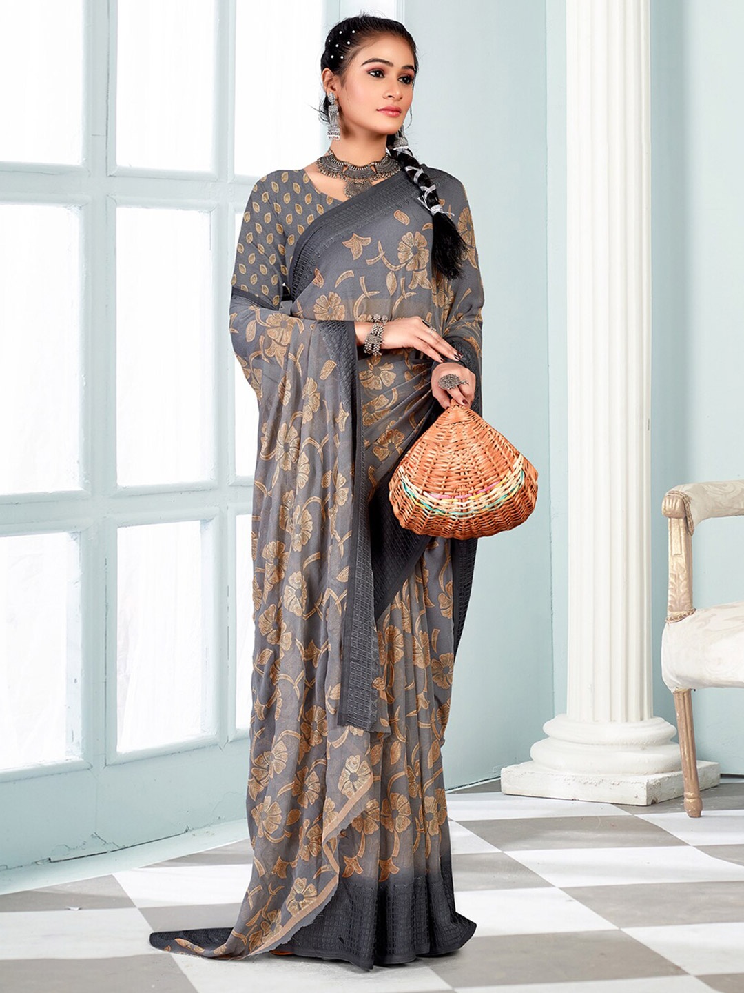 

Mitera Grey Floral Printed Pure Georgette Bagh Saree