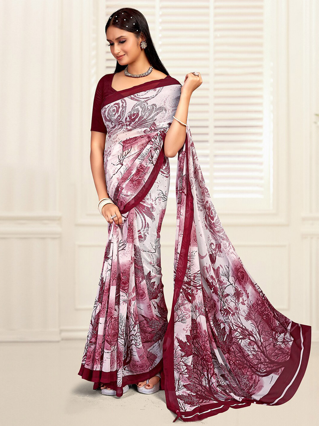 

Mitera Floral Printed Pure Georgette Bagh Saree, White