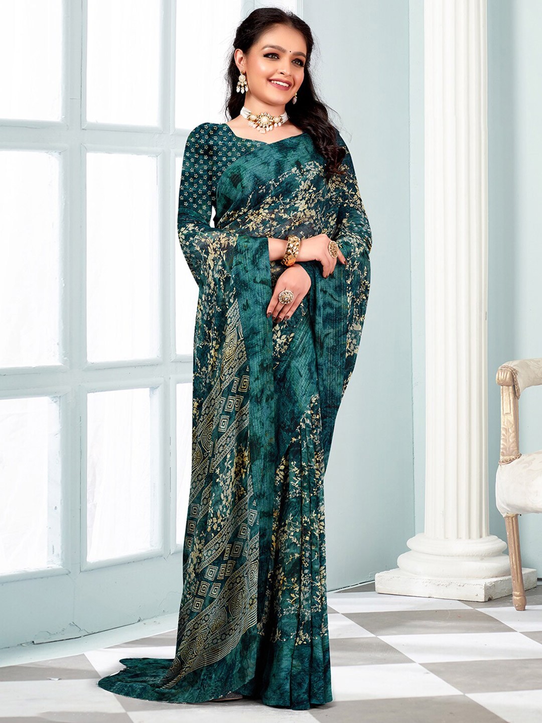 

Mitera Floral Printed Pure Chiffon Block Print Saree, Teal