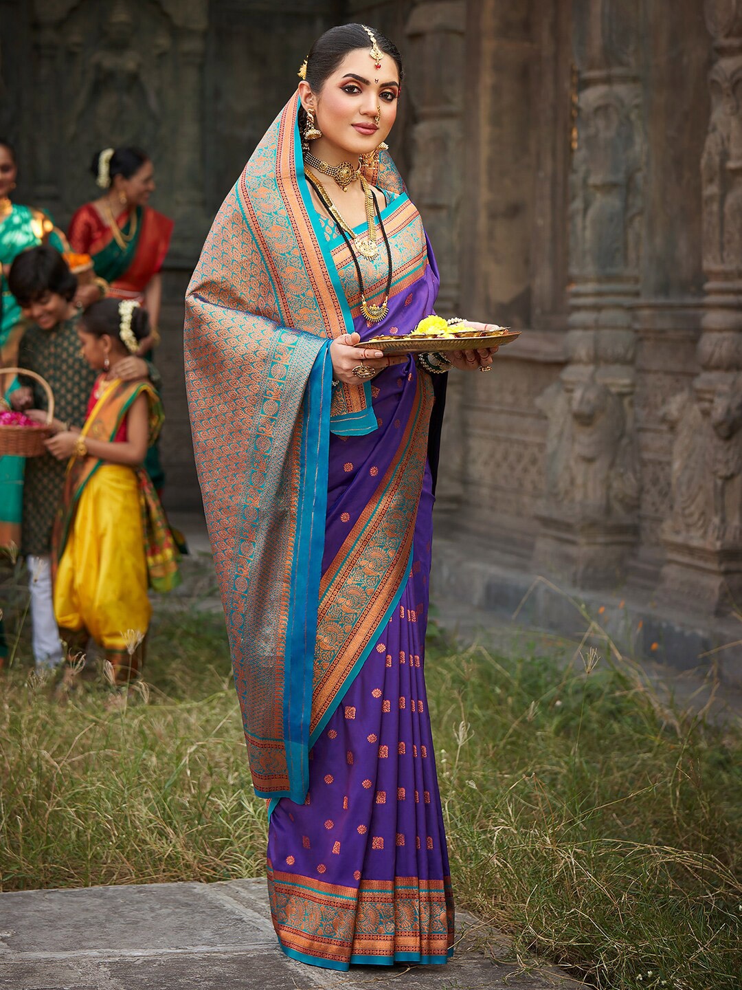 

Saree mall Woven Design Zari Silk Blend Paithani Saree, Purple
