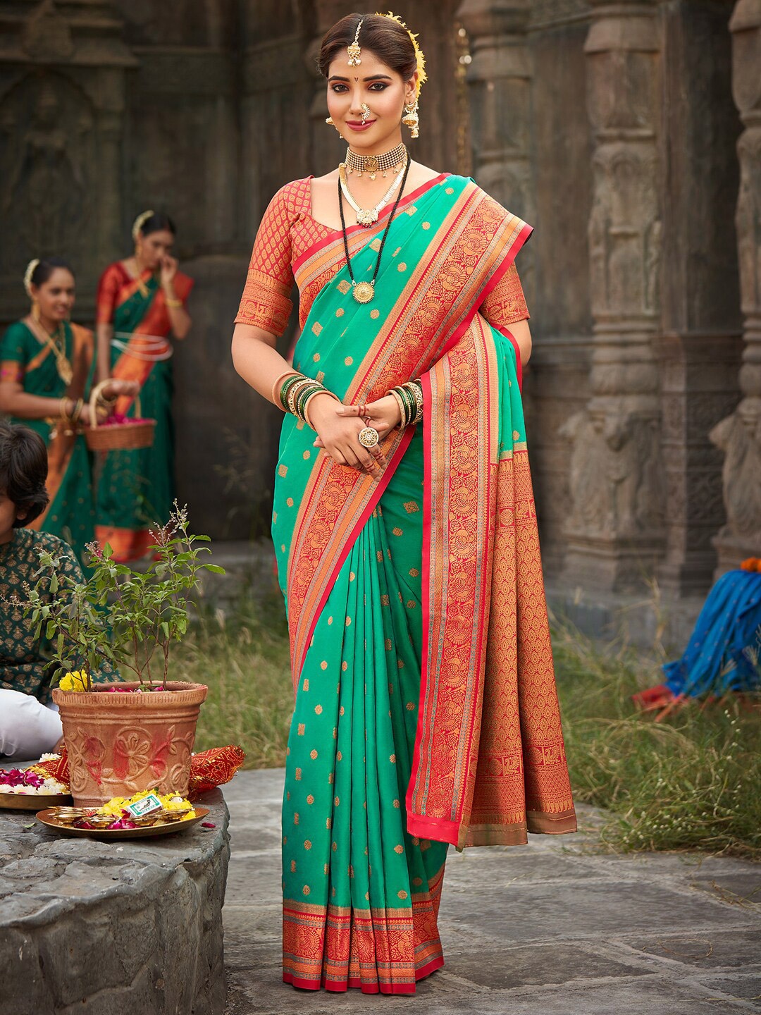 

Saree mall Woven Design Zari Paithani Saree, Sea green