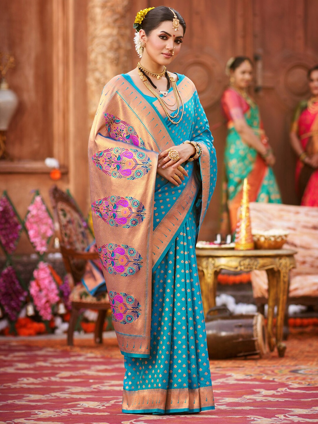 

Saree mall Woven Design Zari Paithani Saree, Blue